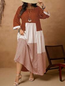 EMERY ROSE Plus Size Women's Casual Vacation Round Neck 3/4 Sleeve Polka Dot, Plaid & Striped Patchwork Long Dress, ,Summer/Vacation,Summer Holiday,Spring Break Outfits ,Vacation Outfits Women ,Holiday Outfits For Women,Going Out Outfits,2026 New Clothes,Simple And Fashionable For Everyday Wear,Suitable For Summer, Vacation, Daily Wear,Suitable For Summer, Vacation, Daily Wear,Dresses For Women,Flowy Dress ,Beach Outfits For Women,Casual Vacation Boho Dress,Summer Dresses, Country Women's Summer Dresses,Casual Dresses For Women,Country Concert Outfit,Brown Dress,Flowy Dress ,Beach Outfits For Women,Casual Vacation Boho Dress - Coral Orange - View 4