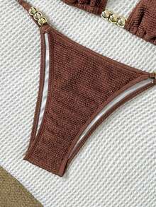 Swim Chiccia Enfärgad design med flera remmar, justerbart spänne i metallpärlor i midjan, elegant baddräktsset för kvinnor - Brun - Visa 4