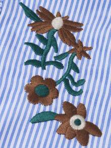 GlowEve Women's Summer Casual Vacation Striped Floral Embroidery Ruffle Armhole Blouse - Blue - View 6