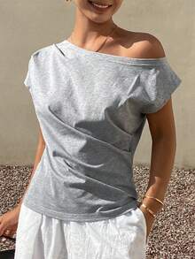 DAZY Striped Open Shoulder Ruched Bodycon Short Sleeve T-Shirt For Women Summer - Grey - View 7