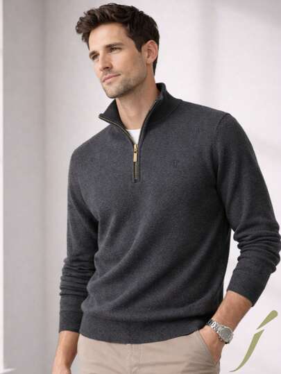 Suéter Hombre Medio Cierre Cuello Alto Tejido Fino Gris Obscuro (Half Zipper) Casual Elegante PERÉO