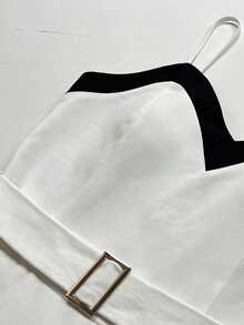 SHEIN Franclia Robe portefeuille élégante à taille ajustée et évasée avec contraste de couleurs pour femmes - Blanc - Voir 4
