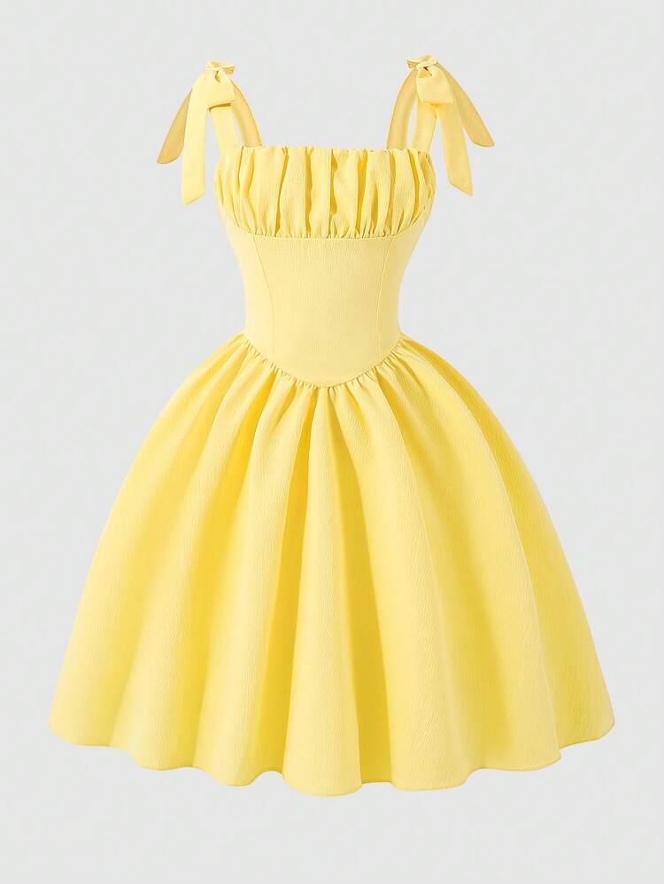 Vestido de verano informal para niñas de unicolor con lazo en la cintura - Amarillo - Añade 7