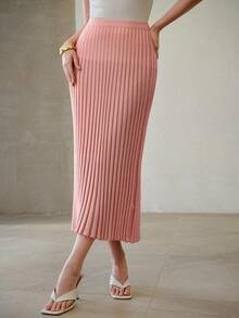 MOTF PREMIUM SPRING SUMMER SOLID RIBBED KNIT SKIRT - Dusty Pink - View 2