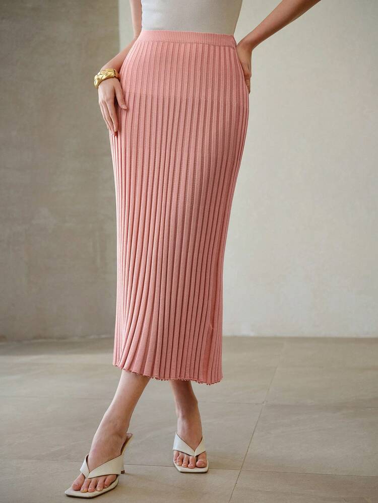 SPRING SUMMER SOLID RIBBED KNIT SKIRT