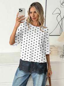 Easowa 女士混纺T恤，优雅蕾丝下摆，短袖休闲圆领上衣，舒适T恤，蕾丝饰边，时尚短袖圆领衬衫 - 彩色 - 查看 3