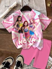 SHEIN 女童圆领字母卡通印花短袖T恤和短裤休闲简约套装，适合度假、聚会和日常穿着。 - 彩色 - 查看 2
