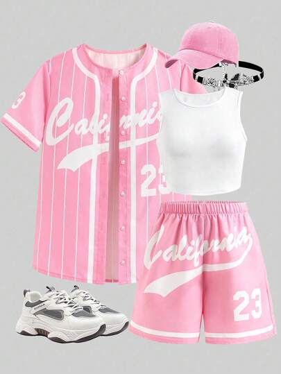 SHEIN Set 3 buc. Ținută sport la modă pentru adolescente - Jachetă lejeră cu dungi negre, imprimeu retro cu litere, camisol alb, pantaloni scurți galbeni