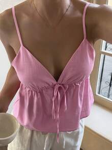 DAZY 女款休閒度假風純色繫帶V領細肩帶夏季上衣 - 粉色 - 查看 7