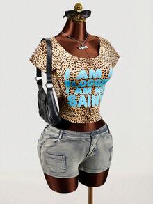 Mistrie Women's Leopard Print Letter Graphic Casual Versatile Daily Wear Short Sleeve T-Shirt - Multicolor - View 7