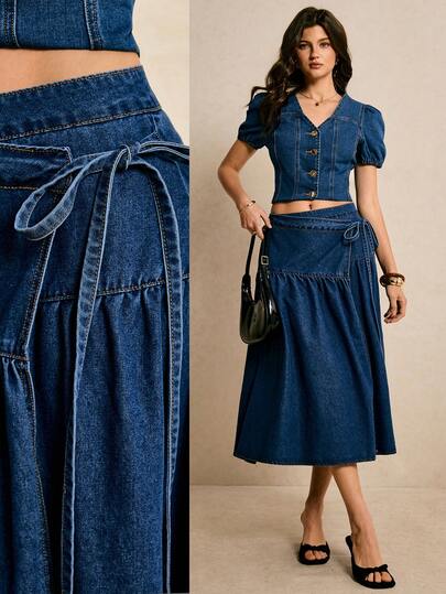 Poéselle 女士纯色系带休闲牛仔迷你裙