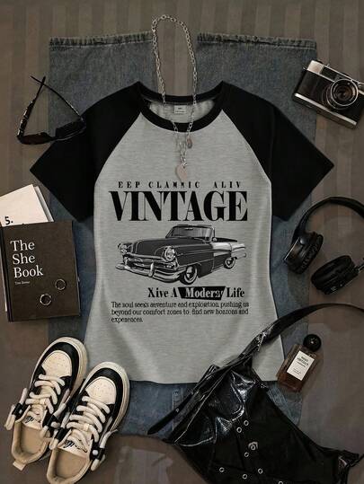 Conjunto corto de niña preadolescente con texto en inglés y gráfico de coche en manga raglán, casual y cómodo para primavera/verano, diseño adecuado para exteriores, deportes, picnic, fotografía callejera, vacaciones, regalo