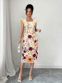 Rafferiza Women's Elegant Fashion Party Banquet Ribbon Spaghetti Strap Embroidered 3D Floral Waist A-Line Midi Lace Dress, Spring/Summer - Apricot - View 3