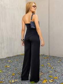 Bela Noronha Ensemble femme minimaliste pour navetteur, top tube à ourlet asymétrique de couleur unie et pantalon large, été - Noir - Voir 2