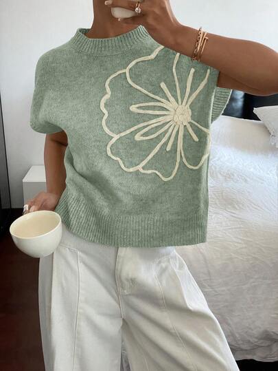 Siren Gaze Women Knitted Short Sleeve Crew Neck Minimalist & Stylish Top,Knitted Sweater Flower Summer Vacation Green Casual Christmas Holiday Resort