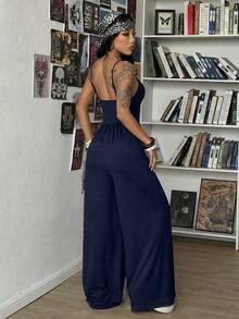 StreetHx Women's Casual Black Hollow Circle Decor Minimalist Jumpsuit, Suitable For Spring And Autumn - Navy Blue - View 2