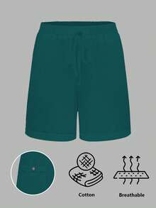 Linhara Plus Size Washed Cotton Cinched Waist Backpocket Button Decor Short Casual Top - Teal Blue - View 5