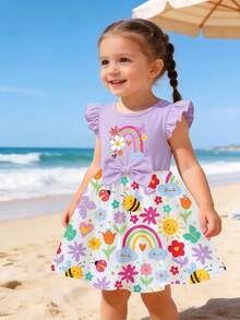 SHEIN Playful Pals 1件女童婴儿/幼儿（6个月-2-3岁）活泼俏皮的彩虹昆虫和花朵印花公主裙，饰有蝴蝶结，飘逸的荷叶袖，轻盈亮丽，适合日常穿着、上学、生日派对、野餐、儿童节、春夏秋季等场合。 - 彩色 - 查看 4