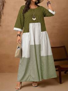 EMERY ROSE Đầm nữ cỡ lớn kiểu dáng thường ngày, cổ tròn, tay lửng 3/4, họa tiết chấm bi, kẻ caro và sọc, thích hợp cho kỳ nghỉ thu. - xanh quân đội - Xem 3