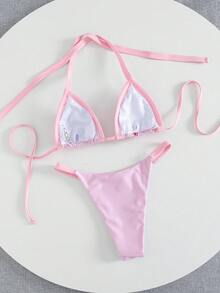 Swim Vcay Set de 2 piezas Nuevo bikini sexy y elegante con estampado de posicionamiento tipo halter, adecuado para la playa y fiestas en la piscina - Rosa - Ver 4