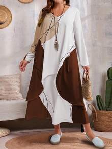 EMERY ROSE Plus Size Casual Contrast Color Block Faux 2-In-1 Dress Fall Clothes - Coffee Brown - View 4
