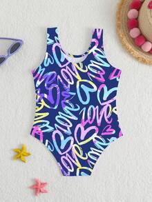 Young Girl Heart Print One-Piece Swimsuit, Suitable For Beach Vacation, Pool Party, Beach Party - Multicolor - View 2
