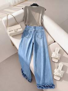 GlowEve Jeans de mezclilla minimalistas y casuales de unicolor para mujer - Azul - Ver 2