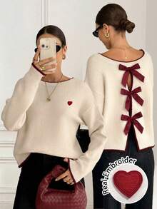 Serisse Suéter de mujer de estilo minimalista casual con ribete de contraste en vino tinto, lazo en vino tinto y bordado de corazón en vino tinto, adecuado para otoño/invierno, fiestas, versátil - Multicolor - Ver 7
