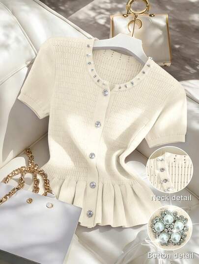 Franclia Women's Casual Elegant Daily Versatile Solid Color Round Neck Fitted Short Sleeve Cardigan With Rhinestone & Pearl Button Decor, Ruffle Hem, Spring/Summer