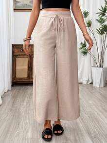 SHEIN Holidaya Women's New Summer Urban Relaxed Linen Wide-Leg Pants – Effortlessly Casual & Lazy Vibe, Perfect Light French Daily Look For Commute And Getaways Woman Summer Outfits - Khaki - View 6