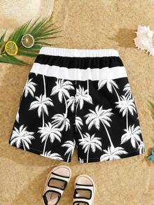SHEIN Kids/Tween Boys' Casual Everyday Comfortable Loose Coconut Tree Print Swim Trunks - Black and White - View 2