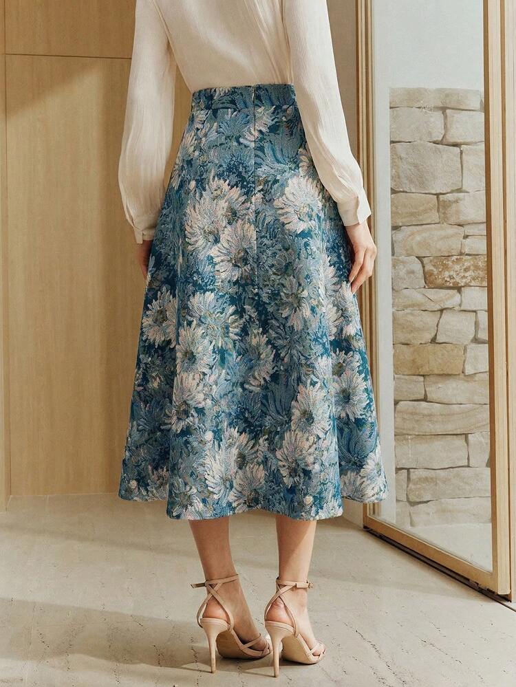 Women's Elegant High-Waisted A-Line Flared Skirt, Vintage Art Floral Print, Retro Palace Style, Suitable For Spring And Summer