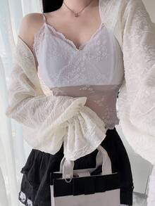 FRIFUL Áo ren nữ gợi cảm tay loe dáng ôm - Màu be - Xem 6