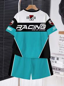 Bộ 2 món cho bé trai tuổi teen, kiểu dáng thể thao cổ điển, in hình xe đua, gồm áo thun ngắn tay cổ tròn và quần short, thích hợp cho mùa hè, các sự kiện đua xe, hoạt động thể thao và giải trí. - Nhiều màu - Xem 3