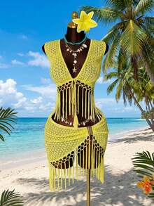 Sunspun Elegant Hollow-Out Fringed Sexy Crop Top & Skirt Set, Suitable For Beach Vacation - Yellow - View 1