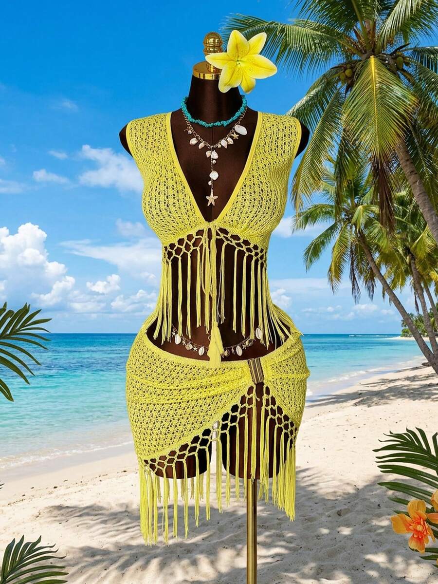 Sunspun Elegant Hollow-Out Fringed Sexy Crop Top & Skirt Set, Suitable For Beach Vacation - Yellow - View 1