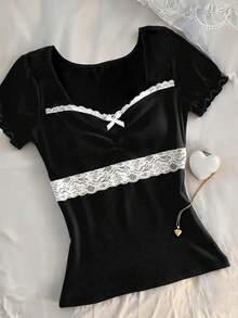 SHEIN Blusa Casual Feminina com Recortes em Renda e Blocos de Cor, Verão - Preto - Visão 3
