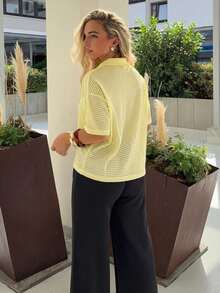 Jeta Ari 女式夏季纯色基本款 Polo 领宽松纹理短袖 T 恤 - 黃色 - 查看 2