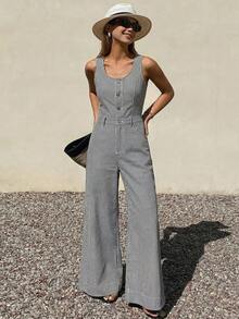 DAZY Bộ jumpsuit denim nữ không tay, dây đeo có thể điều chỉnh, dáng rộng, ống thẳng, phong cách thường ngày. - Xanh và trắng - Xem 3