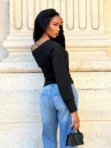 Mima John Áo dài tay dáng suông vai lệch Aloruh Elegant 95% cotton, màu đen, kiểu dáng đa năng, thích hợp cho mùa thu; đơn giản, thời trang; ấm áp, sang trọng. - màu đen - Xem 4