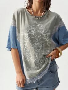 Bohemela 女士字母印花圆领宽松拼接撞色休闲T恤 - 彩色 - 查看 6