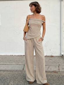 Conjunto de 2 piezas de verano para mujer, top asimétrico a hombros descubiertos y rayas con pantalones relajados, conjunto para ir a trabajar - Marrón - Ver 11