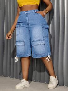 SHEIN SXY 大码女式音乐节宽松抽绳直筒牛仔工装七分裤 - 淺色水洗藍 - 查看 6