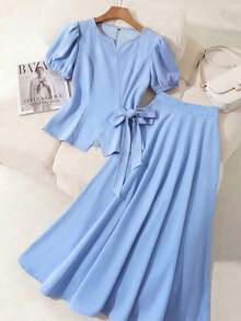 Elenzga Bộ 2 món dành cho nữ, gồm áo kiểu thắt eo nơ thanh lịch và chân váy chữ A. - Màu xanh nhạt - Xem 1