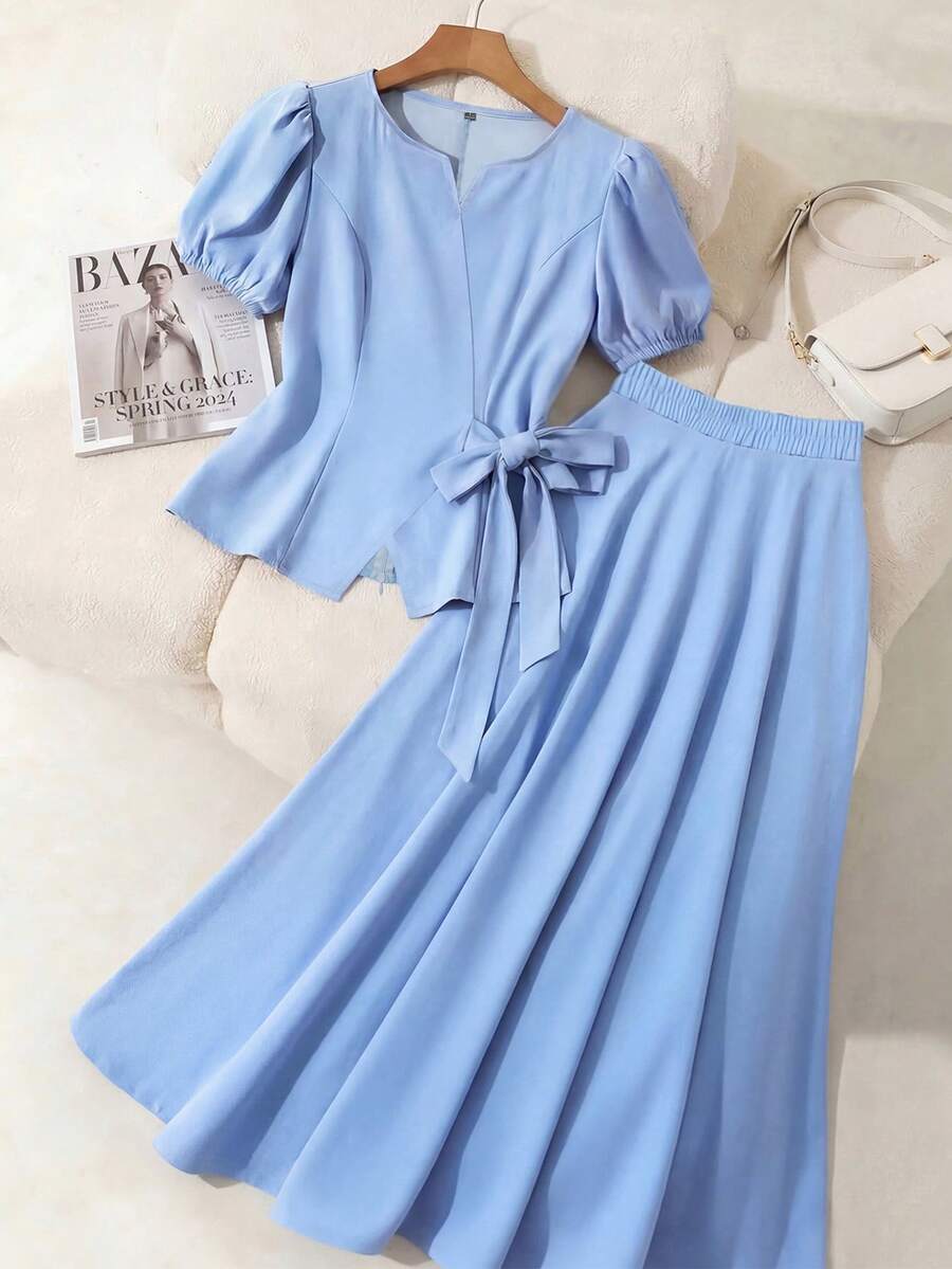 Elenzga Bộ 2 món dành cho nữ, gồm áo kiểu thắt eo nơ thanh lịch và chân váy chữ A. - Màu xanh nhạt - Xem 1