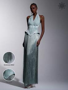 Elitara 优雅、浪漫、时尚、高贵的灰绿色亮片缎面拼接露背鱼尾裙摆优雅派对礼服、婚礼宾客礼服、绿色礼服、时尚优雅的婚礼宾客正式晚礼服 - 綠色 - 查看 8