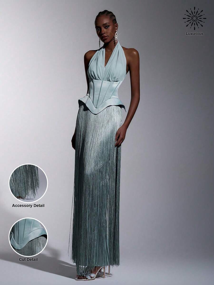 Elitara Đầm dạ hội thanh lịch, lãng mạn, thời trang, sang trọng màu xám xanh pha sequin phối satin, kiểu cổ yếm, vạt đuôi cá, thích hợp làm đầm dự tiệc, đầm dự đám cưới, đầm xanh, đầm dạ hội trang trọng, đầm dự đám cưới thanh lịch. - màu xanh lá - Xem 1