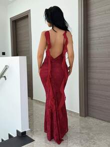 Vassilux Women's Elegant Romantic 3D Floral Decor Valentine's Day / Vacation Sleeveless Dress With See-Through Lace Patchwork And Ruffle Hem Party - Burgundy - View 2