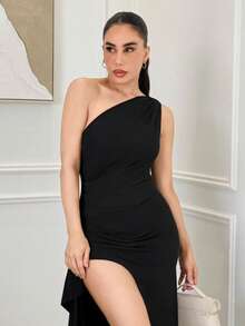 Milla Jasmine 新款性感黑色不对称肩部褶皱镂空高开叉连衣裙，适合夏季度假、约会、聚会 - 黑色 - 查看 6