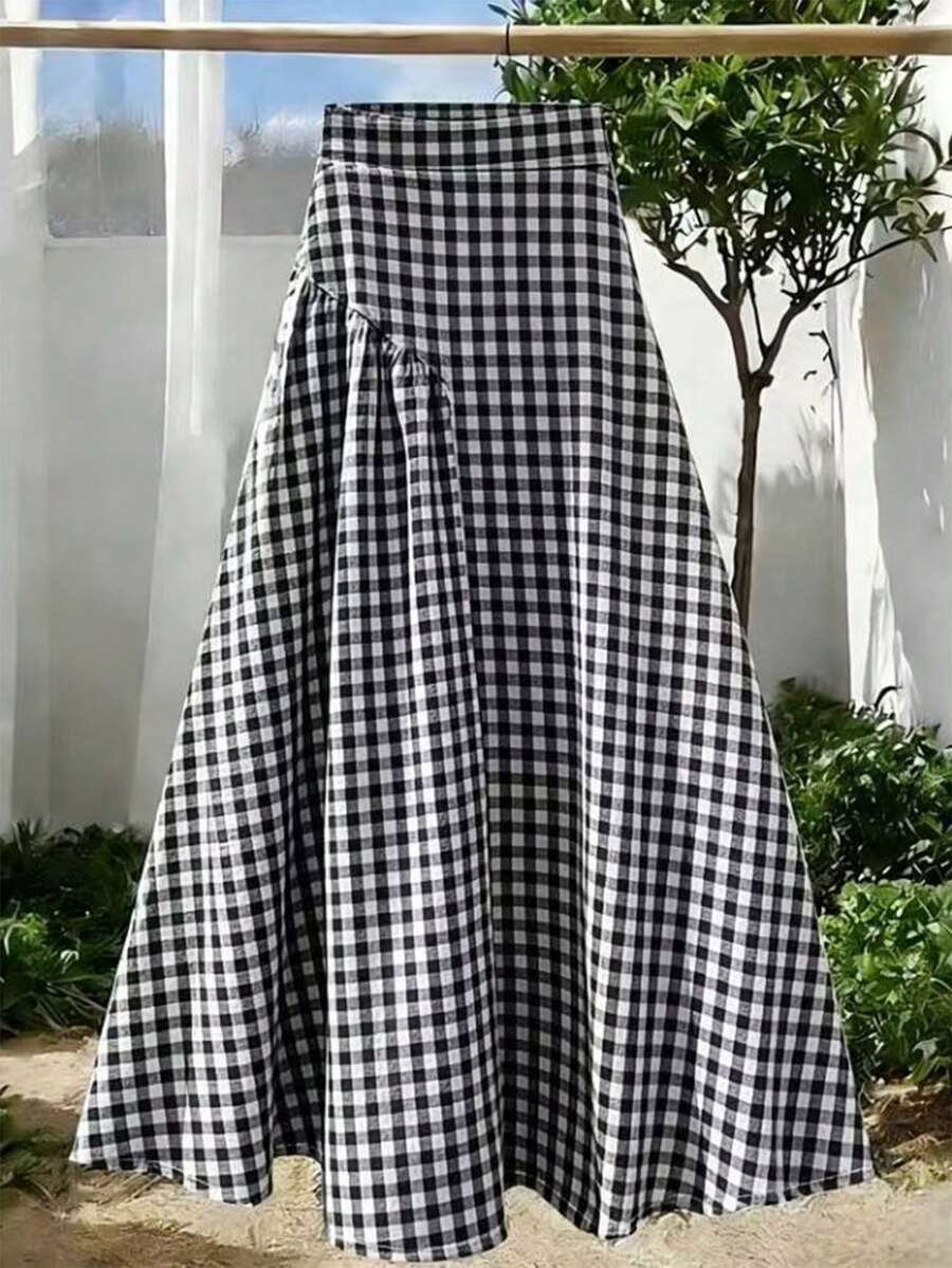 GlowEve 女士浅黄色泡泡纹理面料高档褶裥拼接半身裙，休闲度假风，适合情人节、复活节、劳动节、生日、约会、派对、海滩、旅行、春夏等场合。 - 黑與白 - 查看 1